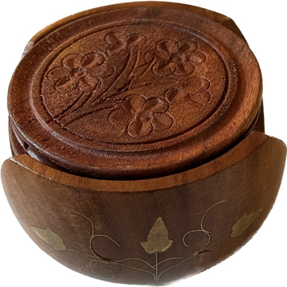 not branded Other - Antique Handmade Wooden Coaster Set Beautiful India Made Hand Carved Designs